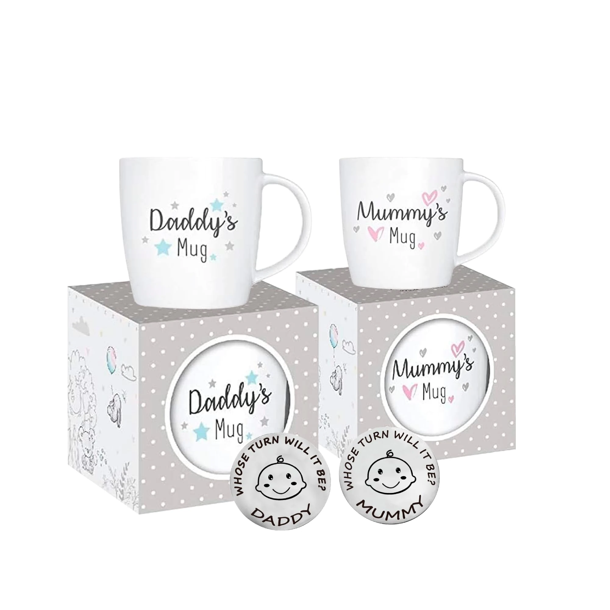 New Parents Set of 2 Mummy and Daddy Mugs - Gifts for Mum Daddy Gifts - Gifts for New Mums - New Dad Mug - Mummy Mug Mummy Gifts - Christmas - Includes Decision coin for Parents (Mummy & Daddy)