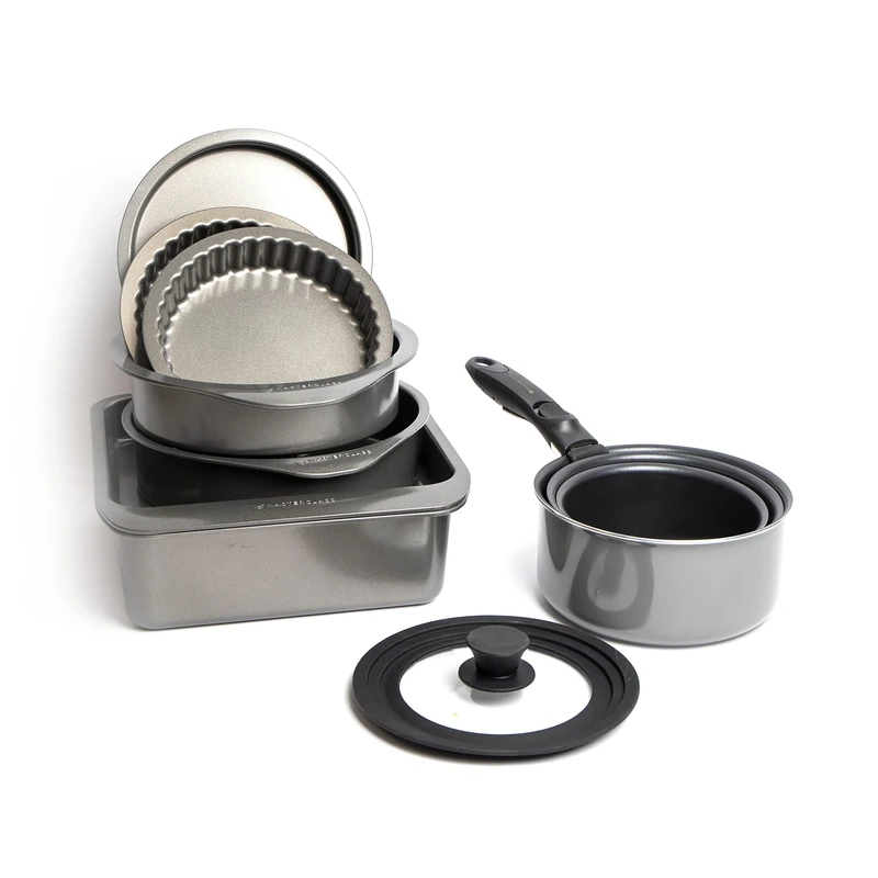 Bundle of MasterClass Smart Space Bakeware Set 7-Piece Non Stick and Stackable + MasterClass Smart Space Saucepans, Non-Stick Saucepans for all Hobs, Induction Safe, Aluminium, 5-Piece Set, Grey
