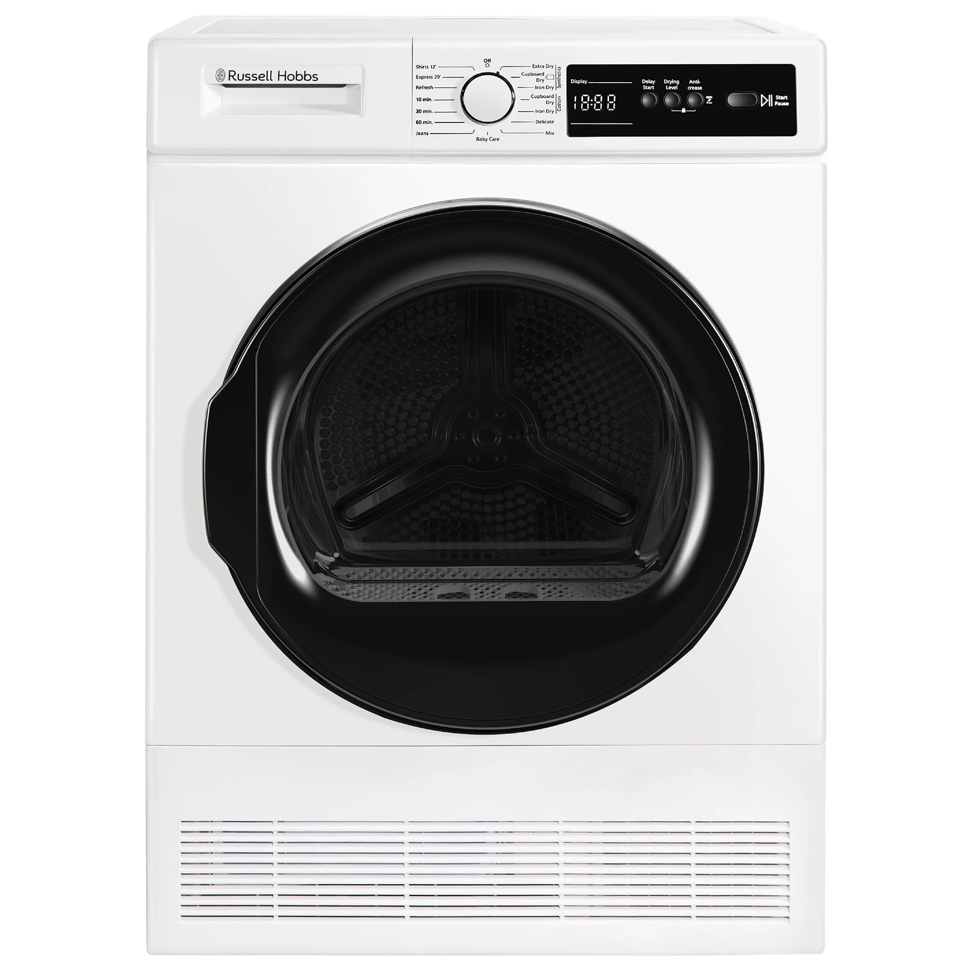 Russell Hobbs Freestanding Condenser Dryer Electric Tumble Dryer 15 Programmes 8kg Capacity 3 Heat Settings LED Display DelayStart Anti-Crease Child Lock Black Clothes Dryer RH8CTD111B