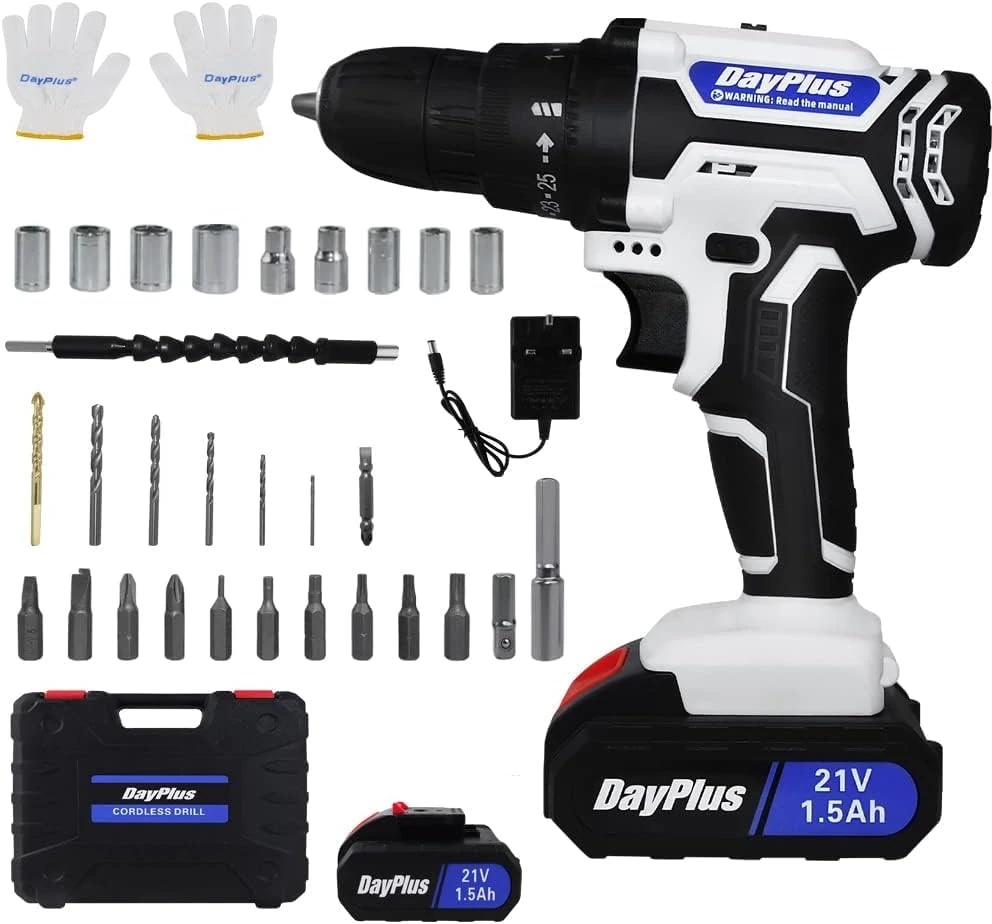 Cordless Power Drill Set Electric Screwdriver Drill Set with 2-Variable Speed, 25+1 Torque with Led Light,21V Li-ion Battery&Fast Charger,3/8" Keyless Chuck Driver Tool with 26PCS Drill Bits,1 Kitbox