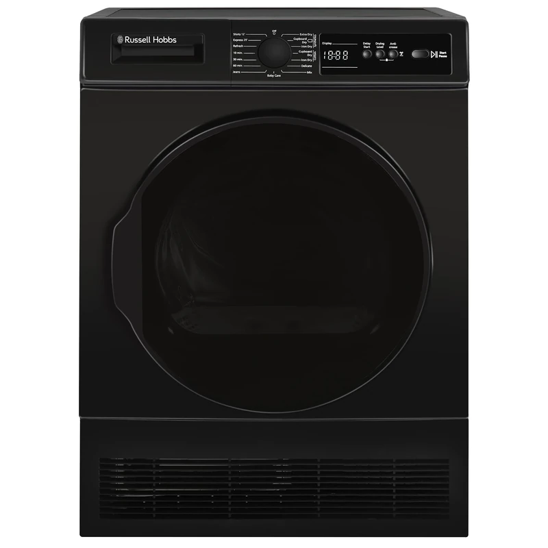 Russell Hobbs Freestanding Condenser Dryer Electric Tumble Dryer 15 Programmes 8kg Capacity 3 Heat Settings LED Display DelayStart Anti-Crease Child Lock Black Clothes Dryer RH8CTD111B