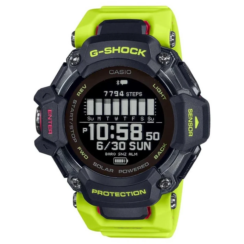 Casio GBD-H2000-1A9ER Men's Digital Quartz Watch with Solar Power, GPS, Rate Monitor, 50 mm Green Resin Case with Plastic Band, 200 Metre Water Resistance