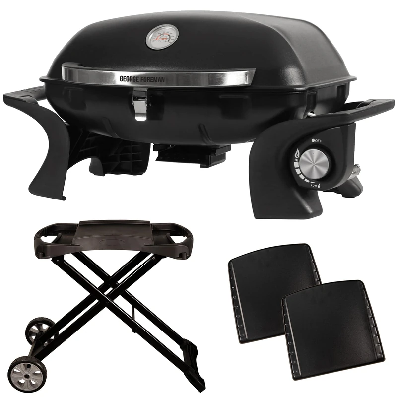 George Foreman Portable Gas Barbecue with Integrated Thermostat, Black, Lightweight & Compact, Steel Body & Automatic Ignition BBQ, Foldable Trolley & Sturdy Shelves GFSBBQ1TR