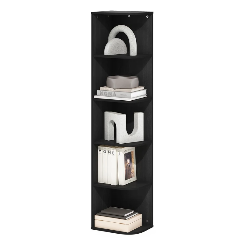 Furinno PASIR Book Shelf, 5-Tier Corner Bookshelf, Open Shelves Bookcase 9.3 x 12 x 51.7, for Living Room, Bedroom, Home Office, Blackwood
