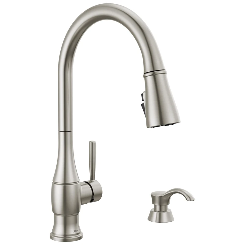 Delta Faucet Hazelwood Brushed Nickel Kitchen Faucet with Soap Dispenser, Kitchen Faucets with Pull Down Sprayer, Kitchen Sink Faucet with Magnetic Docking Spray Head, SpotShield 19831Z-SPSD-DST