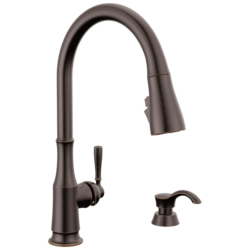 Delta Capertee Oil Rubbed Bronze Kitchen Faucet with Pull Down Sprayer and Soap Dispenser, Modern Single Hole Kitchen Sink Faucet, Single Handle, Venetian Bronze 19877Z-RBSD-DST
