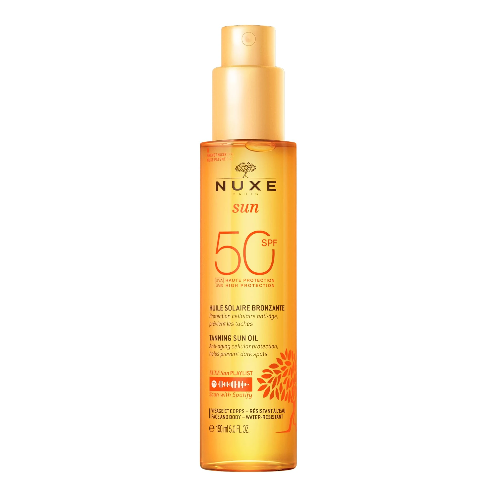 NUXE Tanning Sun Oil SPF50 High Protection Face & Body 150ml, Protective Sun Oil, Broad Spectrum SPF50 for Face & Body, Prevents Dark Spots & Signs of Ageing, Water-Resistant