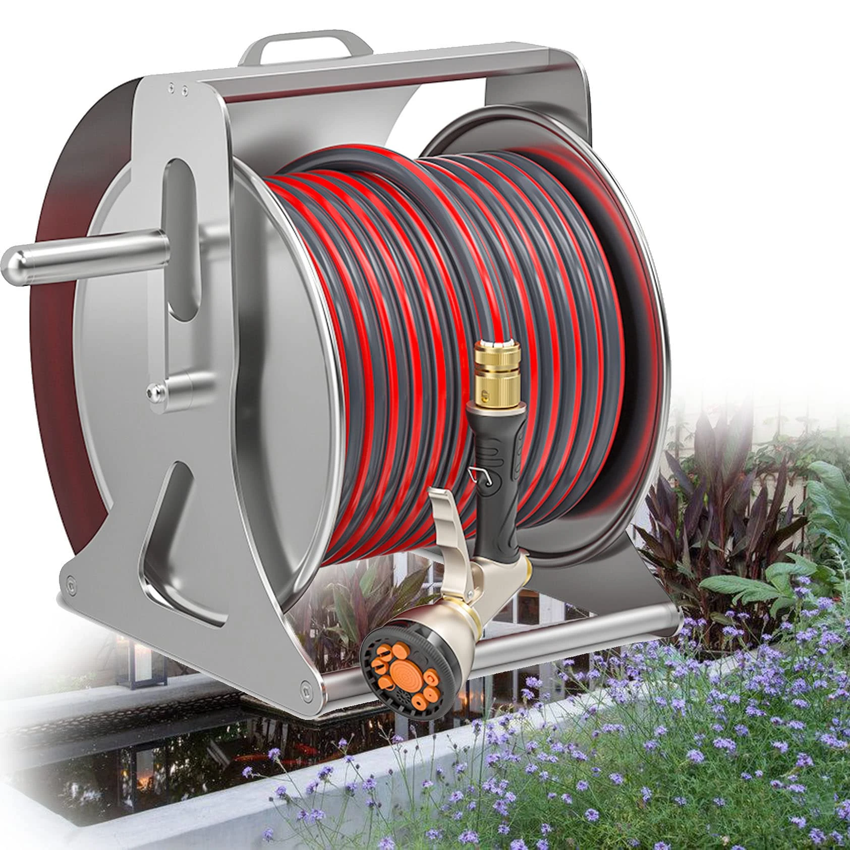 XDLYWUZIQ Metal Heavy Duty Wall/Floor Mounted Hose Reel Cart Water Pipe Storage Holder with Hose Connector, Lawn & Garden Watering Equipment,Rack+25mHose