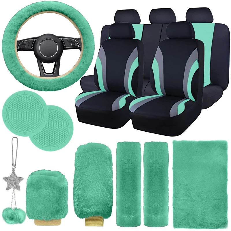 JINGSEN 17 Car Seat Cover Full Set for Women, Universal Car Seat Cover, Plush Steering Wheel Cover, Fluffy Soft Wool Handbrake Gear, Suspension Accessories Full SUV(Mint Green)