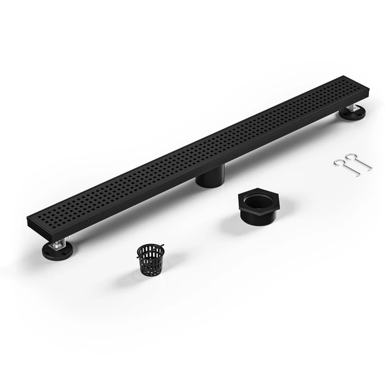 Bernkot Linear Shower Drain 36'' Matte Black 304 Stainless Steel with Grid Pattern Drain Grate Rectangular Floor Drainage Hair Strainer Drain Key Included