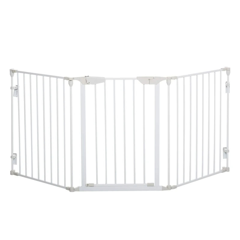 PawHut Pet Safety Gate 3 Panels Playpen Metal Fence with Walk Through Door White