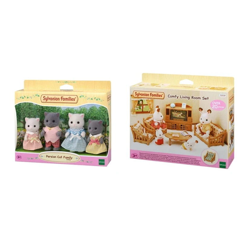 Sylvanian Families 5455 Persian Cat Family Dolls, Multicolor & Comfy Living Room Set