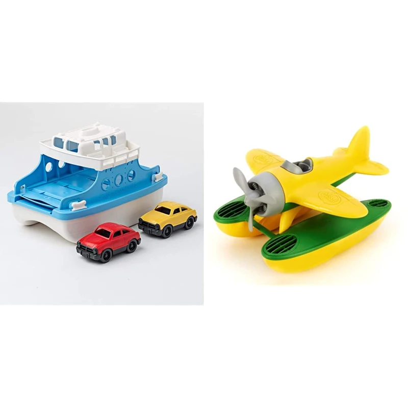 Green Toys Ferry Boat with Mini Cars Bathtub Toy, Blue/White & Seaplane, Yellow