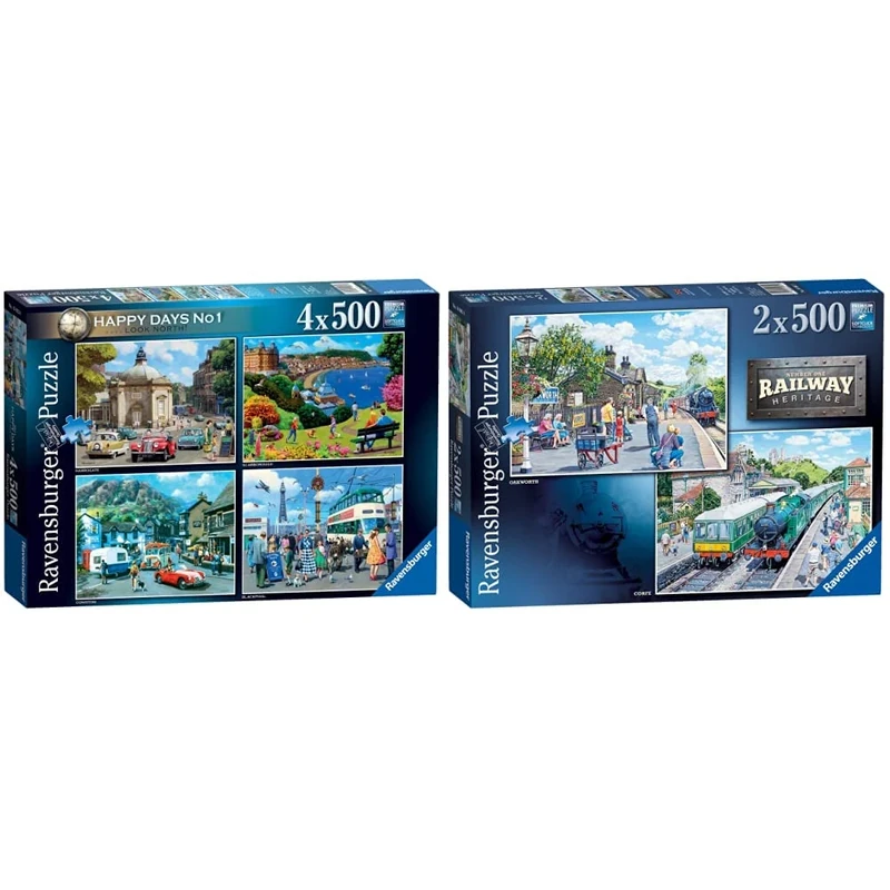 Ravensburger Happy Days Collection No.1 Look North 4x 500 Piece Jigsaw Puzzle for Adults and Kids Age 10 Years Up & Railway Heritage No.1 - Corfe Train Station & Oakworth Station 2x 500 Piece