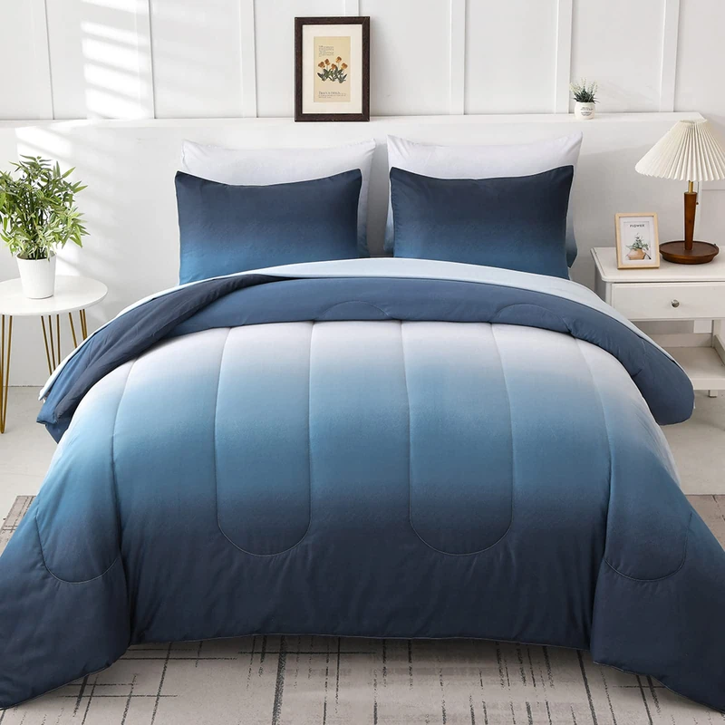 Blue Comforter Set Queen - 7 Pieces Ombre Blue White Microfiber Bedding Set - All Season Down Alternative Light Ocean Sea Abstract Bed in a Bag for All Season (90" x90")