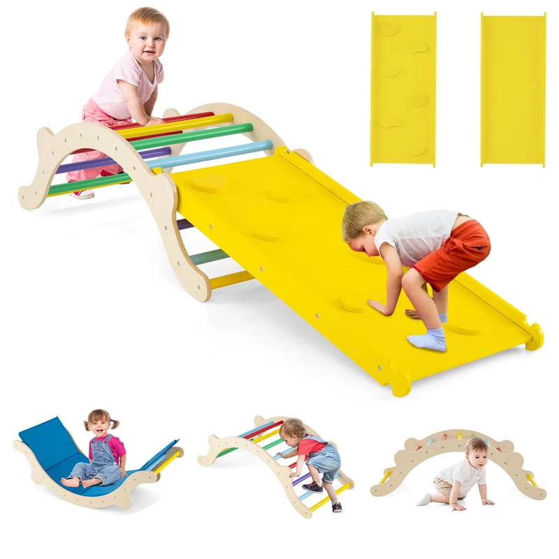GYMAX 3 in 1 Kids Climbing Set, Indoor Climbing Arch with Reversible Ramp & Mat, Wooden Toddler Climber Frame for Playroom (Colorful)