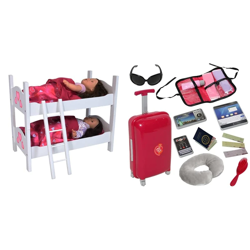 The New York Doll Collection Twin Doll Wooden Bunk Bed - fits 18 Inch/ 46 cm Dolls & The New York Doll Collection Doll Travel Suitcase with Open and Close Carry on Luggage