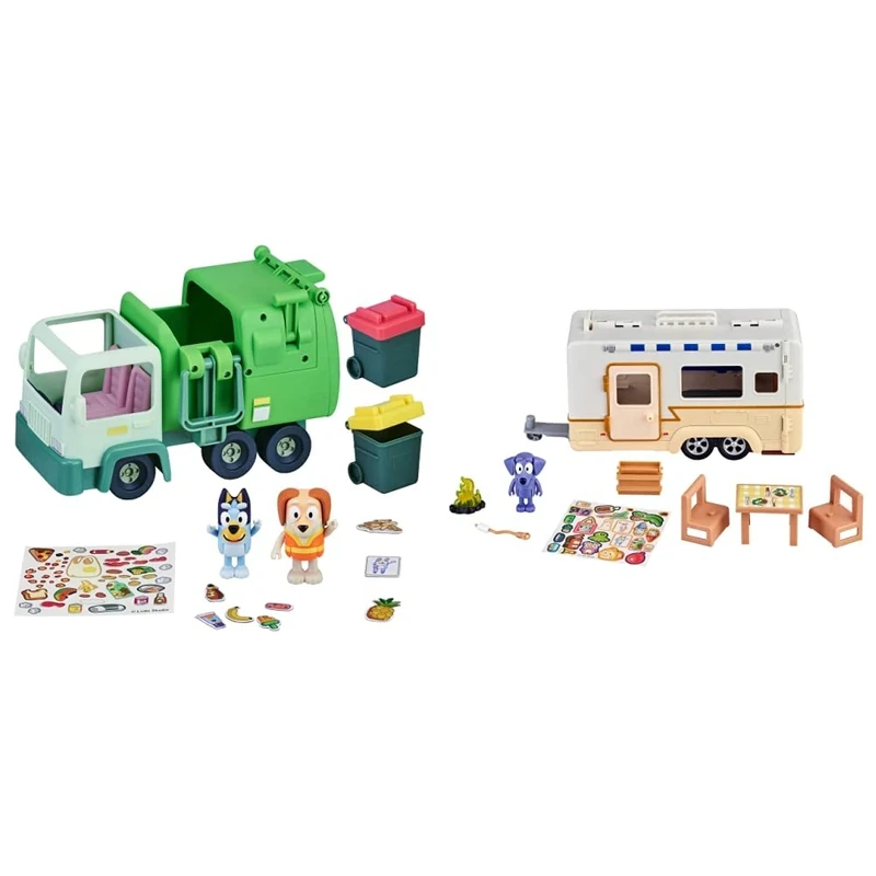 Bluey Garbage Truck Vehicle Playset with Two 2.5"-3" Official Collectable Character Action Figures with the Bin Man and 2 Rubbish Bin Accessories & s Caravan Playset, 2.5-3 inch figures
