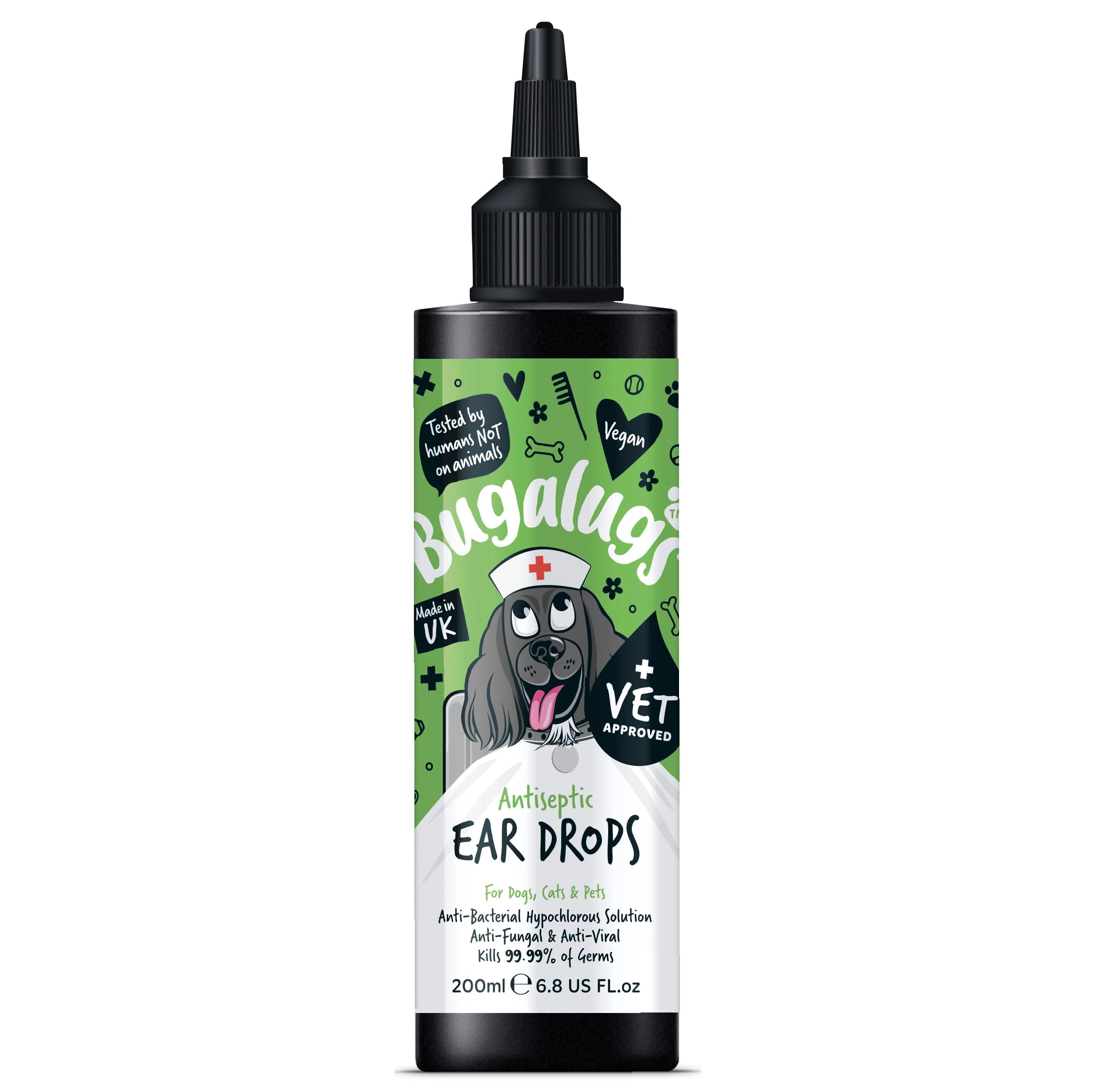 BUGALUGS Antiseptic Ear Drops 200ml – Ear Disinfection, Kills bacteria, Stops Odours, Scratching & Discomfort, Anti-fungal (Yeast), Veterinary-grade, for Dogs, Cats & all other animals