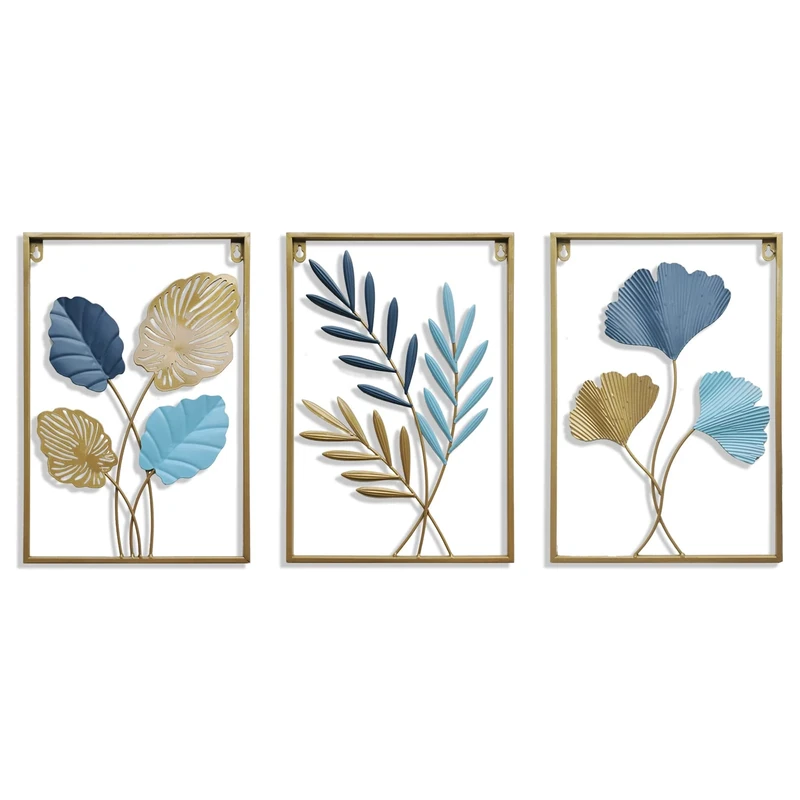 MKUN Iron Wall Sculptures - Large Set of 3 rectanglar Metal Wall Decor with Ginkgo Biloba Art Great for Home Hotel Decoration (Gold Blue)