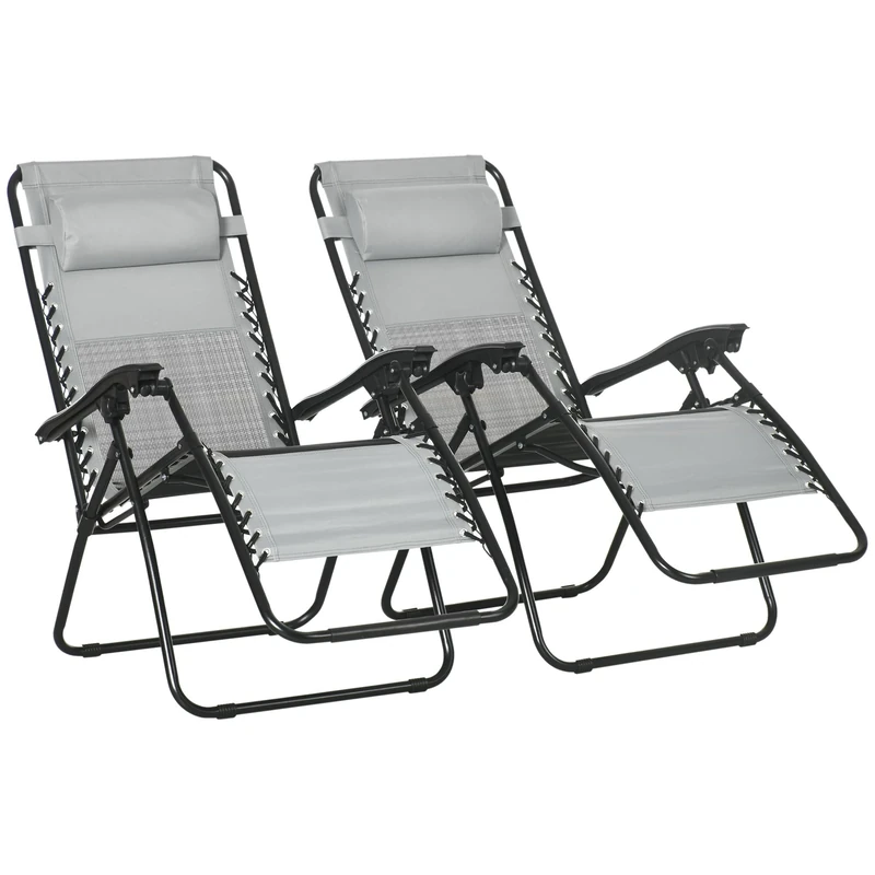 Outsunny Garden Recliner Chairs Set of 2, Outdoor Foldable Zero Gravity Chairs Set w/Footstool and Detachable Headrest, Grey