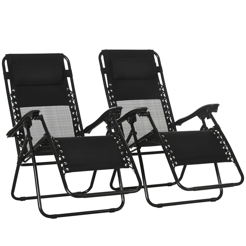 Outsunny Garden Recliner Chairs Set of 2, Outdoor Foldable Zero Gravity Chairs Set w/Footstool and Detachable Headrest, Black