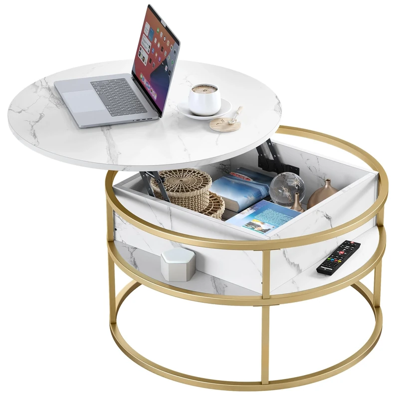YITAHOME Round Lift Top Coffee Table, Coffee Tables with Living Room with Hidden Storage Compartment, Modern Coffee Table with Storage for Home Office,Round Center Tables Living Room (White & Gold)