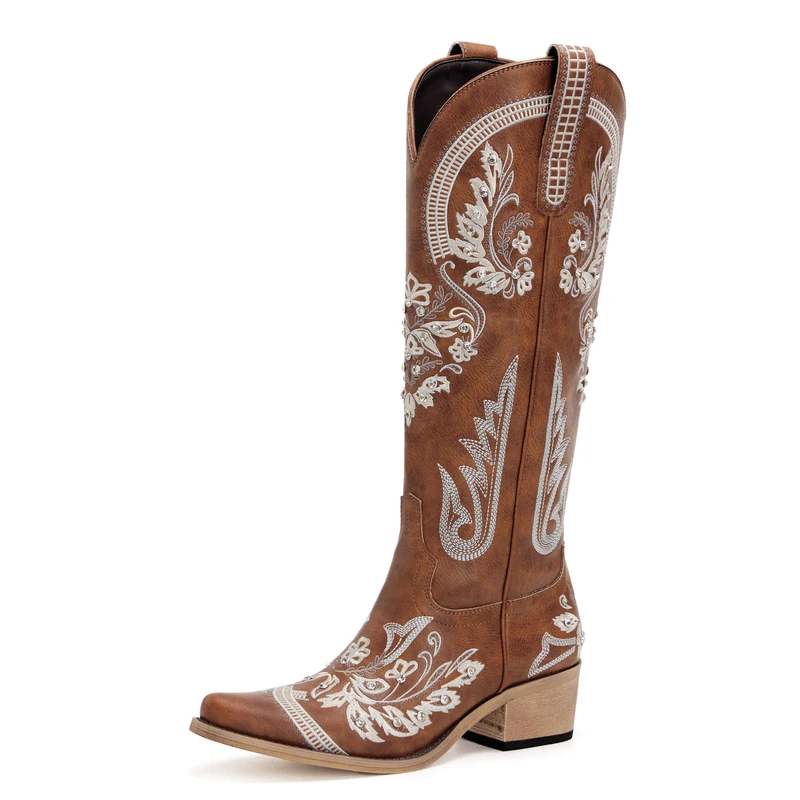 Western Cowboy Boots for Women Embroidered Rhinestones Knee High Cowgirl Boots Pointed Toe Chunky Heel Fashion Retro Classic Tall Boot, Brown, 4.5 UK