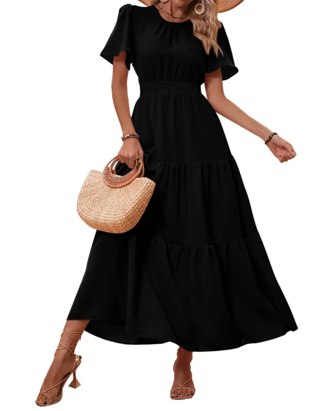 PRETTYGARDEN Women's Summer Casual Short Flutter Sleeve Round Neck Smocked Waist Tiered Boho Floral Flowy Maxi Dress, Solid Black, M - Image 1