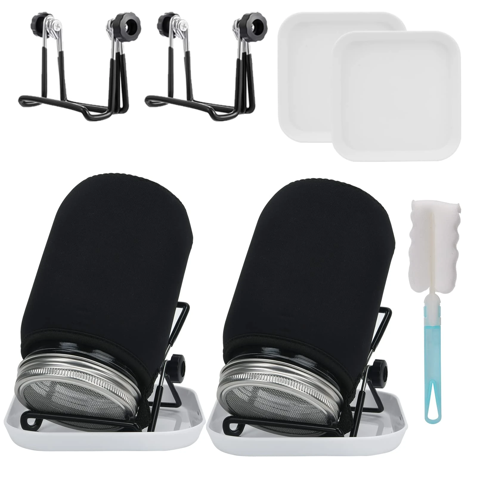 Deefongo Seed Sprouting Jar Kit 2 pcs, 1000ml Wide Mouth Quart Jars Sprouts Growing Kit with Screened Sprouting Lids, Holder and Canning Brush for Growing Broccoli, Alfalfa, Mung Beans