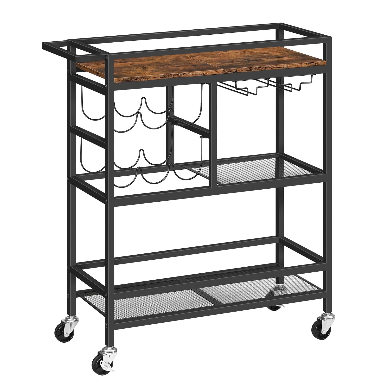 MAHANCRIS Bar Cart for Home, 3-Tier Serving Cart with Wheels and Handle, Beverage Cart with Wine Rack and Glass Holder, Rolling Wine Cart for Kitchen, Dining Room, Rustic Brown ARCHR6101