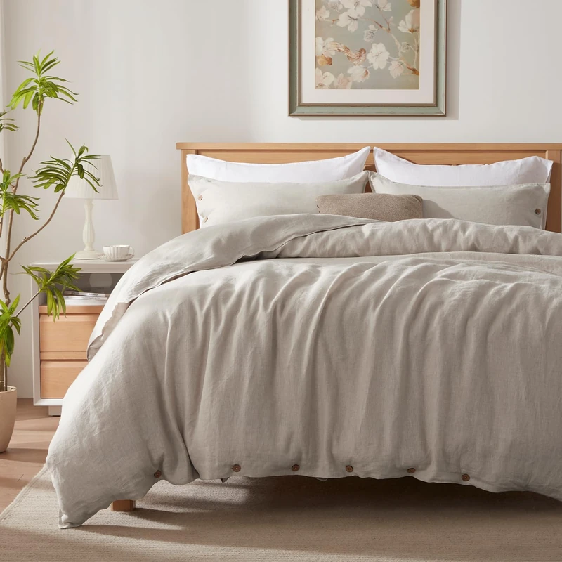 TOSMO 100% Linen Duvet Cover Set with Button Closure, 3 Pieces (1 Duvet Cover with 2 Pillowcases), Soft Breathable Durable Farmhouse Bedding - Queen, Natural Linen