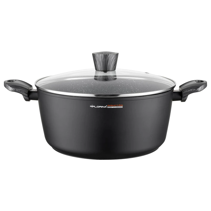 FLORINA Aluminium Saucepan (6.1 litres), 28 cm Diameter Cooking Pot with Glass Lid, Non-Stick Coating, Induction Pot, Oval, Ideal for Induction, Gas Hob and Electric Hob (Black)