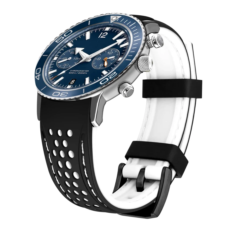 Kai Tian 20mm Two-Tone Silicone Watch Band - Black White Stitch