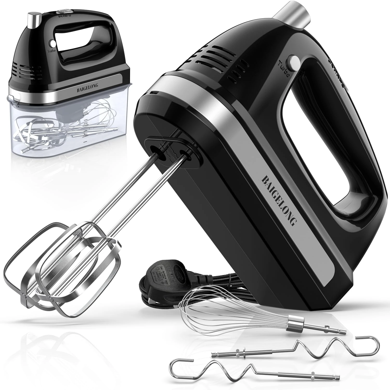 BAIGELONG Hand Electric Mixer, 300W Ultra Power Food Kitchen Mixer with 5 Self-Control Speeds + Turbo Boost, 5 Stainless Steel Attachments Handheld Blender for Baking, BLACK