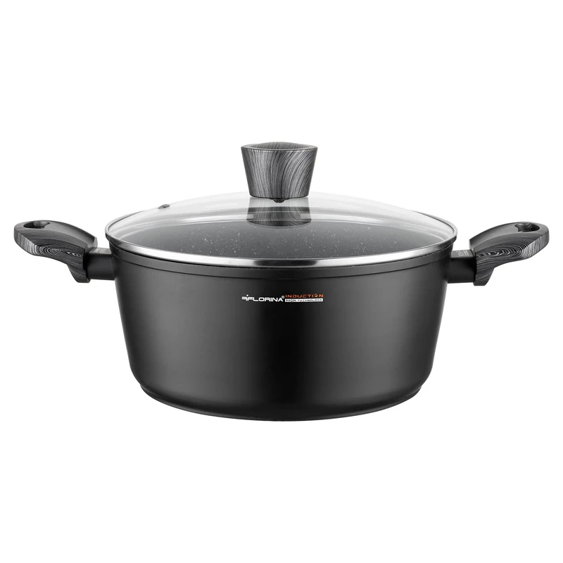 FLORINA Aluminium Pot (4 litres) | 24 cm Diameter | Cooking Pot with Glass Lid - Non-Stick Coating | Induction Pot - Oval | Ideal for Induction Hobs, Gas Hobs and Electric Hobs (Black)