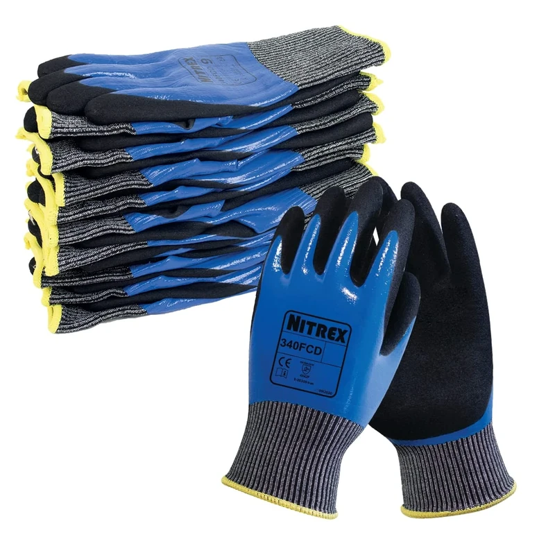 NITREX 340FCD Work and Safety Gloves, Bag of 10 Pairs - F Rated Cut Resistant Gloves with Sandy Nitrile Palm Coating in Black/Blue, Size 9