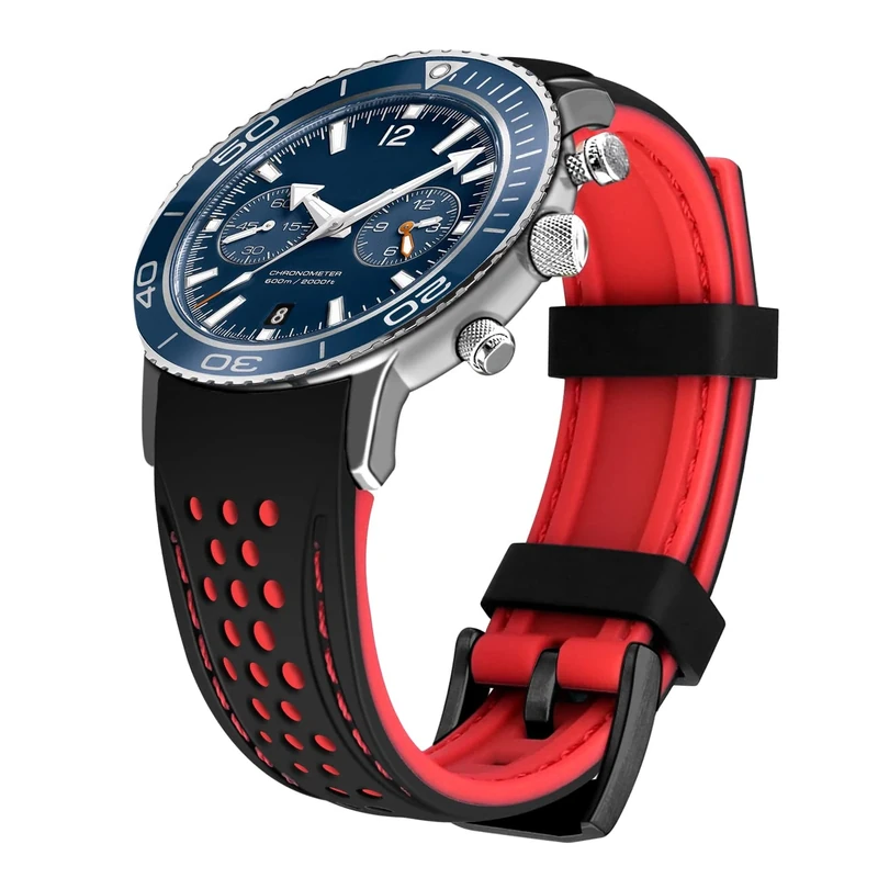 Kai Tian Durable Two Tone Silicone Curved Ends 20mm Racing Rubber Watch Bands Bracelet Black (Red Stitch+Black Buckle) for Men Women
