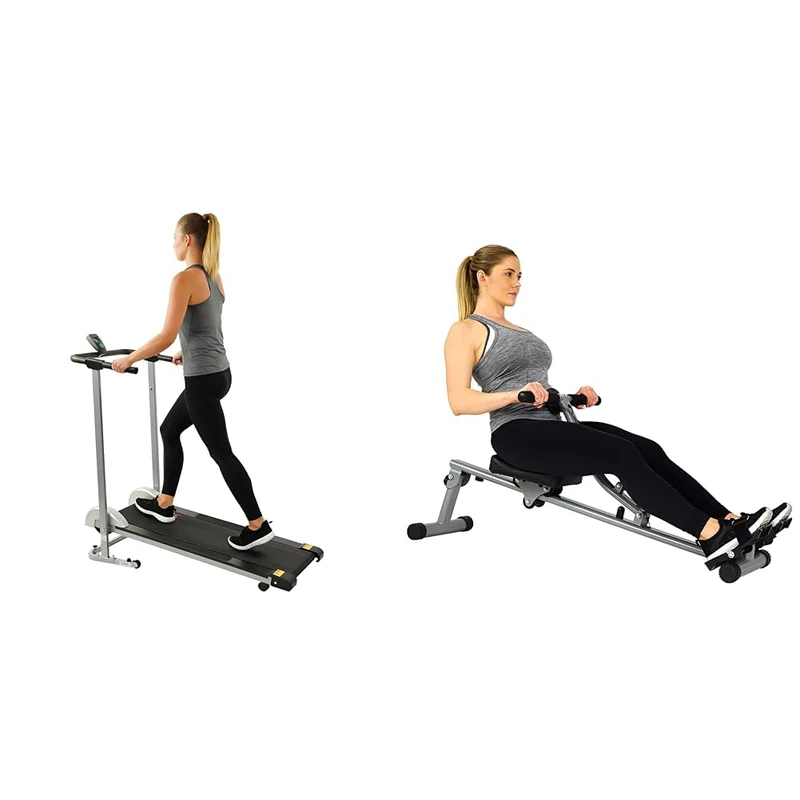 Sunny Health & Fitness SF-RW1205 Rowing Machine Rower w/Digital Monitor and Foldable Treadmill, Manual Compact Mini Treadmill SF-T1407M