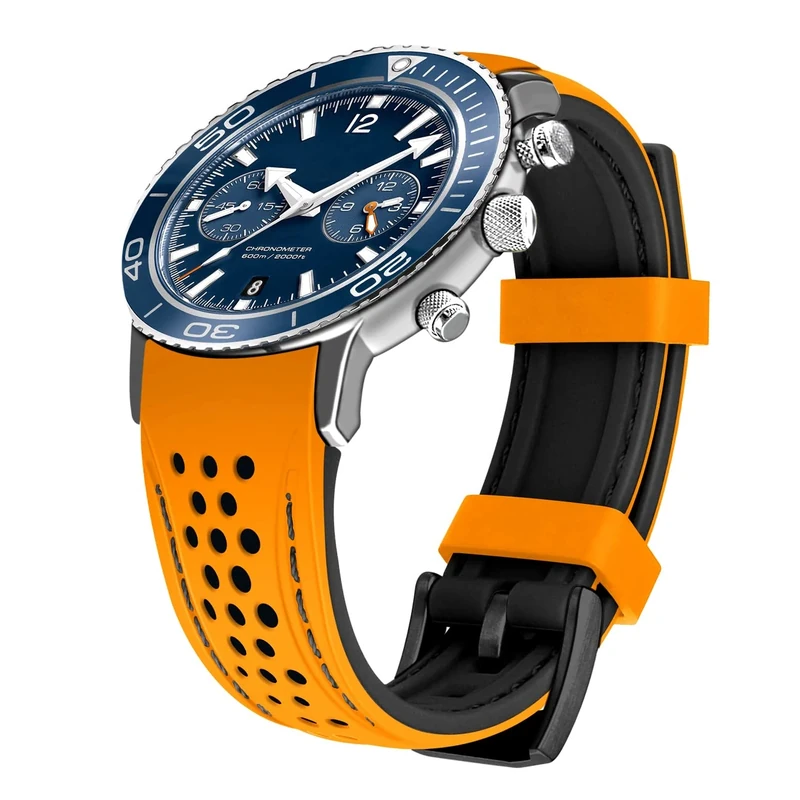 Kai Tian Durable Two Tone Rubber Watch Straps for Men, Silicone Curved Ends 22mm Racing Rubber Watch Bands Bracelet Orange (Black Stitch+Black Buckle) for Men Women