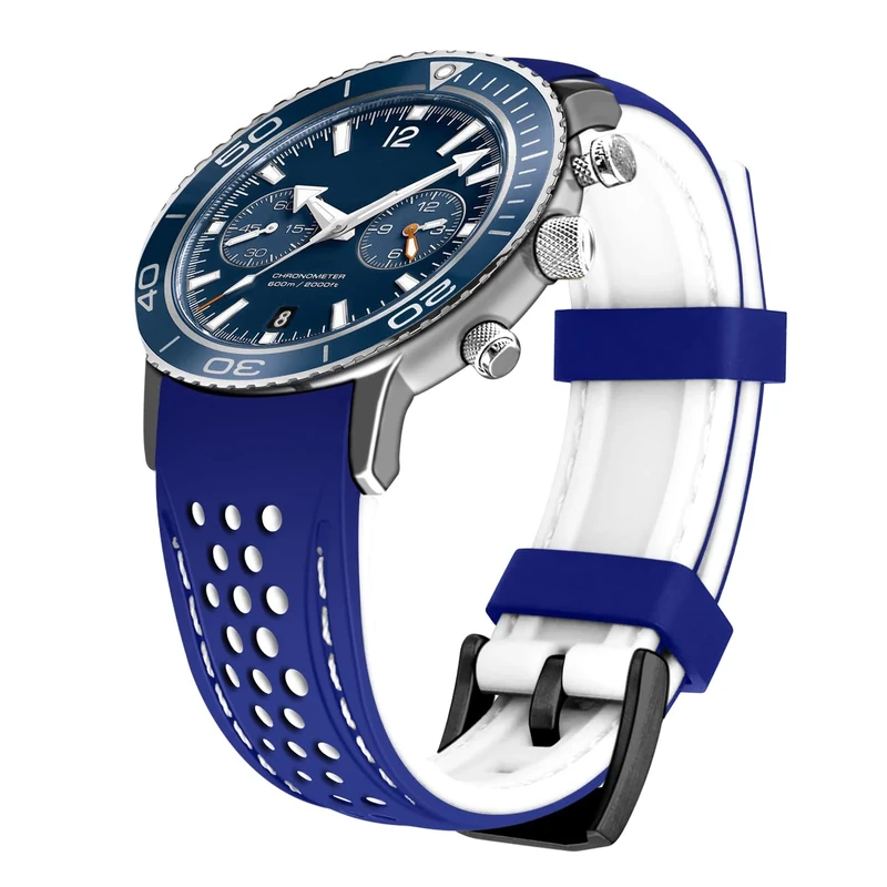 Kai Tian Durable Two Tone Silicone Curved Ends 20mm Racing Rubber Watch Bands Bracelet Blue (White Stitch+Black Buckle) for Men Women