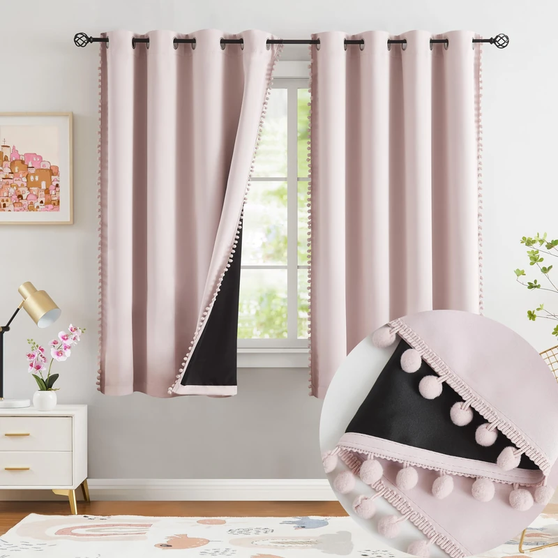 Jubilantex Pom Pom Blackout Curtains Blush Pink Thermal Insulated Curtains Blackout Window Treatments 63" Long for Girls Kids Bedroom,52" Wide,2 Panels - Image 1
