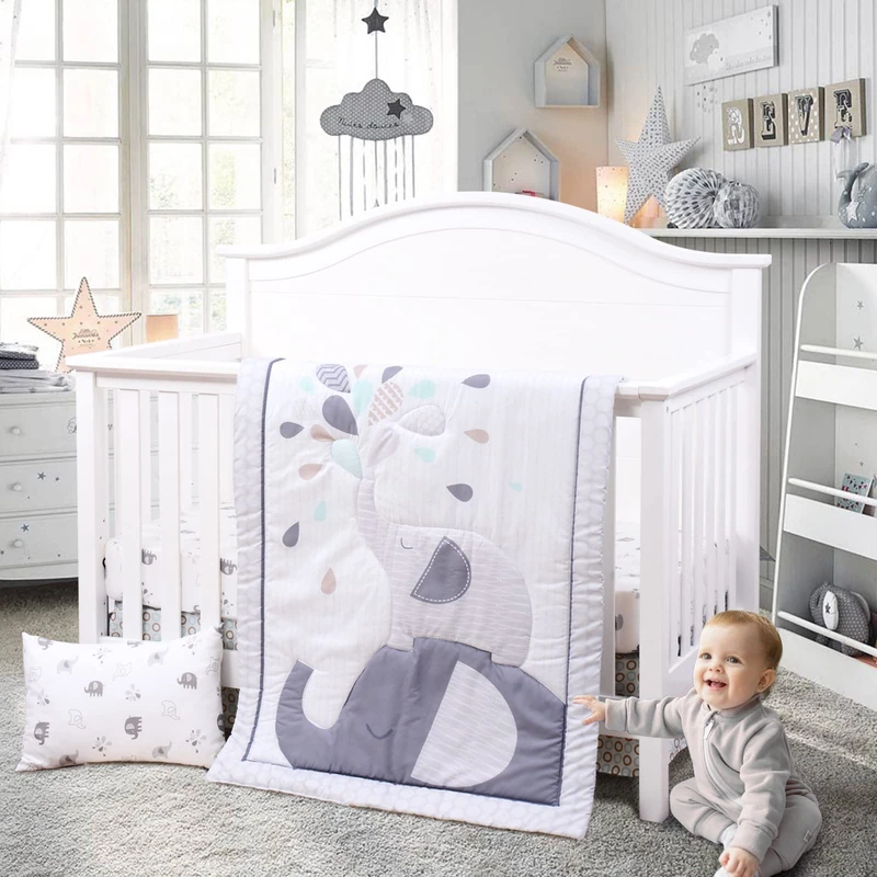 JISEN 4 Piece Baby Bedding Set - Soft Crib Quilt, Sheet, Pillowcase, Skirt - Grey Elephant (CMG02146)