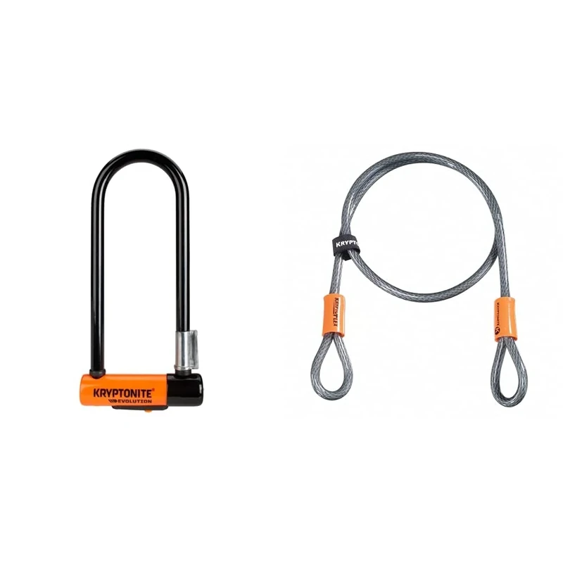 Kryptonite Evolution Mini-9 Lock with Flex Frame U-Bracket - Orange, 9-Inch & Kryptoflex Cable with Double Loop Bike Lock Security, 10mm x 120cm, Silver/Orange