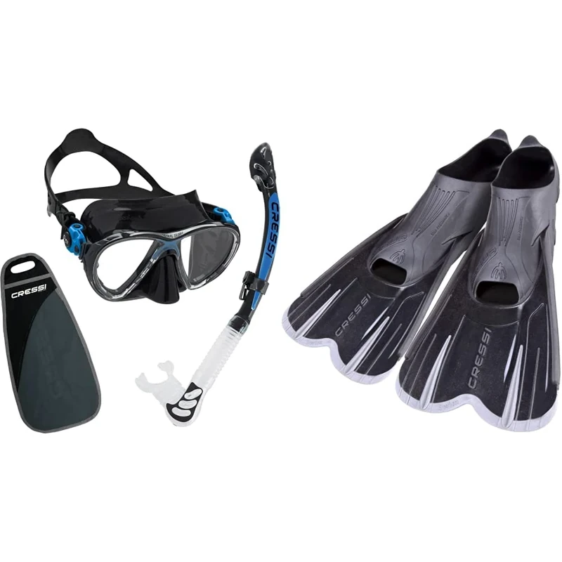 Cressi Unisex's C/Set Big Eyes Evolution+Alpha/UD Snorkeling/Diving Combo, Black/Blue, One Size & Unisex Agua Short Fins Black Silver Size 41 Size 42, Black/Silver, 7 8 42 Agua Short UK