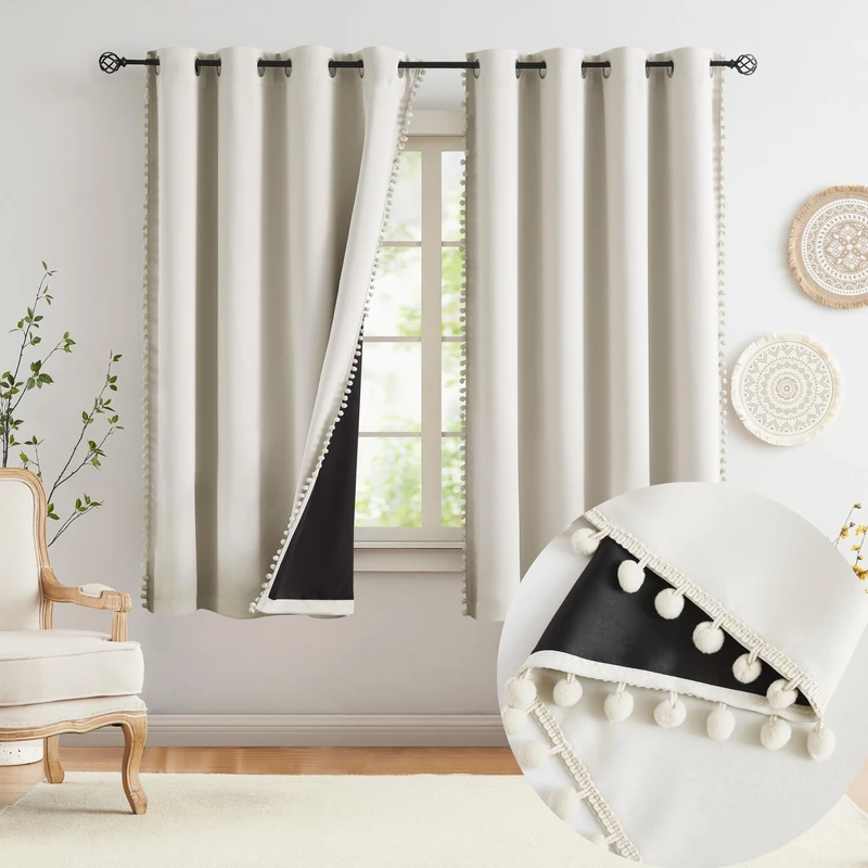 Jubilantex Pom Pom Blackout Curtains Beige Thermal Insulated Curtains Blackout Window Treatments 63" Long for Girls Kids Bedroom,52" Wide,2 Panels