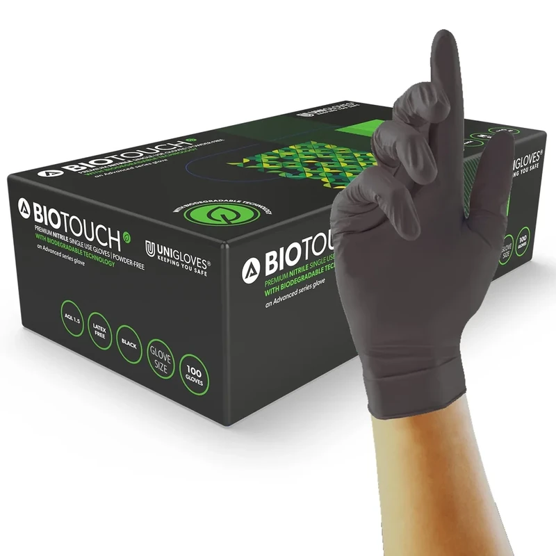 UNIGLOVES BioTouch Nitrile Disposable Gloves - Biodegradable, Multipurpose, Medical Grade Examination Gloves - Box of 100 Gloves, Black, Small (GM0092) - Image 1