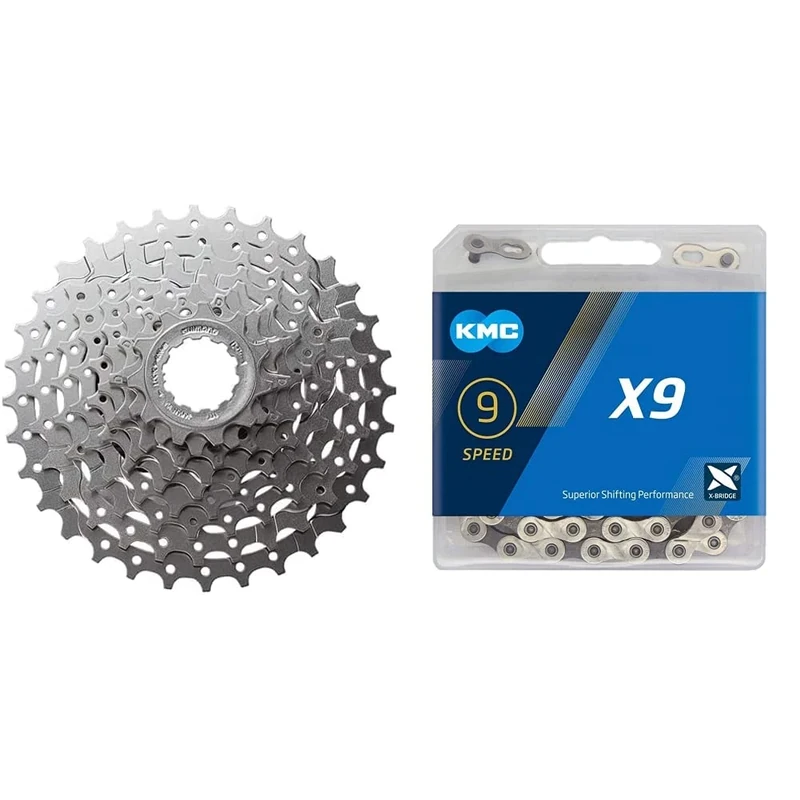 Shimano CASSETTE HG400 9 speed 11-32 & KMC Unisex's X9 Chain, Silver/Grey, 114 Link