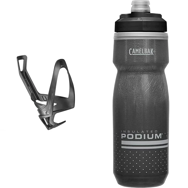 Elite Rocko Carbon Mat Bottle Cage, Black Graphic & CAMELBAK Podium Chill 21oz Black Bottle - 001 Black/Grey, N
