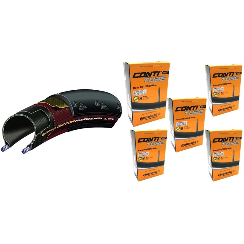 Continental Unisex TYC00639 Gator Hardshell Dura Skin Folding Tyre, Black, Size 700 x 28C & Race 28 700 x 25-32c Bike Inner Tubes with Presta 60mm Valve (Set of 5),Black